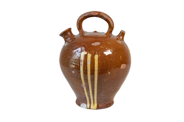 Rustic French 19th Century Pottery Jug with Russet Ground and Yellow Stripes