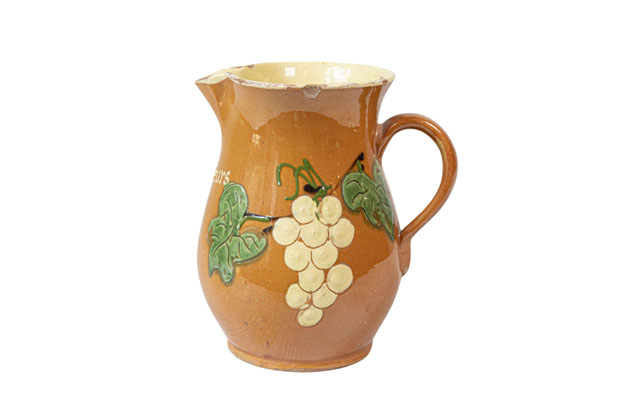 French 19th Century Redware Wine Pitcher with Orange, Cream and Green Glaze