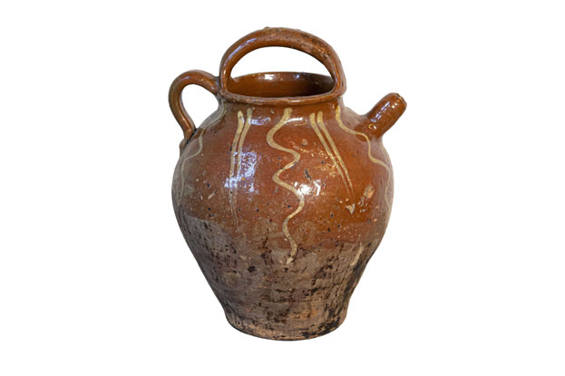 Rustic French Glazed Terracotta 19th Century Oil Jug with Distressed Appearance