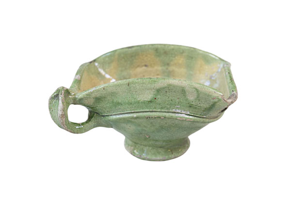 Rustic French 19th Century Green Glazed Square-Shaped Bowl with Weathered Patina