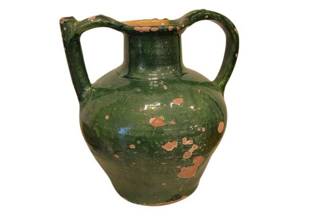 SOLD -French Provincial 1850s Distressed Green Glazed Pottery Olive Oil Jug
