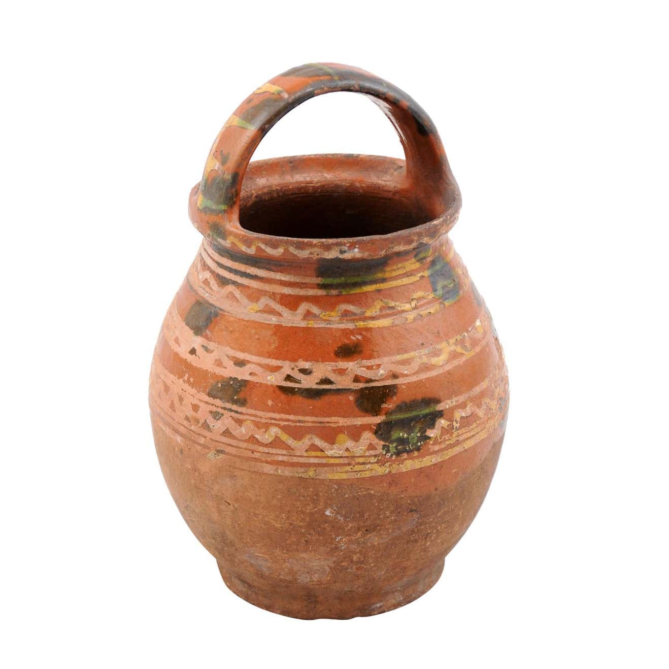 SOLD - Rustic French Late 19th Century Pottery Jug with Wavy Lines and Large Handle