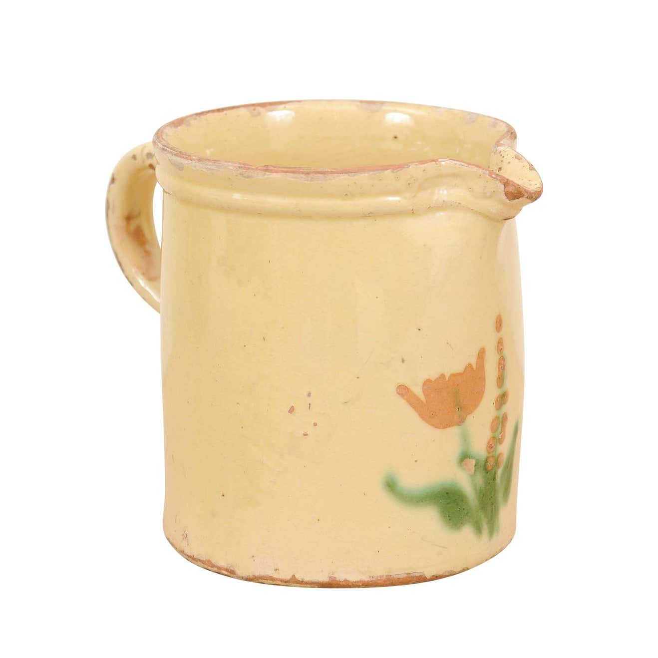 French 19th Century Cream Glazed Terracotta Pitcher with Floral Décor
