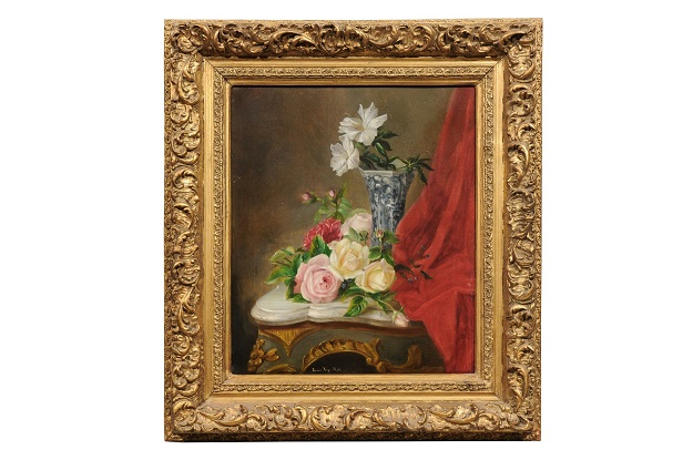 French 19th Century Gilt Frame Oil Painting Depicting Flowers on a Rococo Table