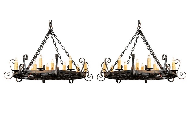 Two French Circular 12-Light Iron Chandeliers with S-Scrolls from the 1890s