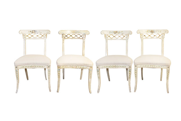 Set of Four Italian 1790s Neoclassical Period Music Chairs with Gilded Trellis