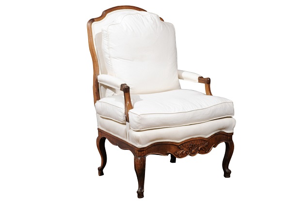French Louis XV Style 19th Century Walnut Armchair with New Upholstery