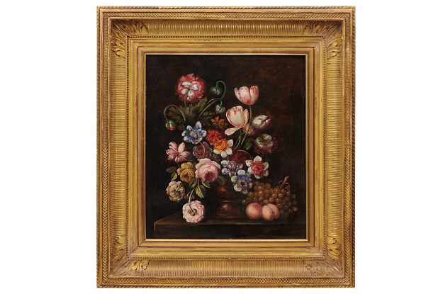 French Framed Oil on Canvas 19th Century Dutch School Style Floral Painting