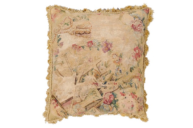 French Early 19th Century Silk and Angora Aubusson Tapestry Pillow with Flowers