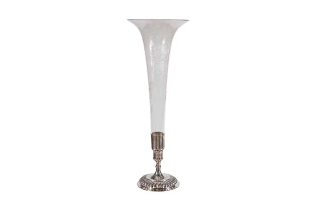 English Tall Blown Glass Vase with Sterling Silver Base and Foliage, circa 1890