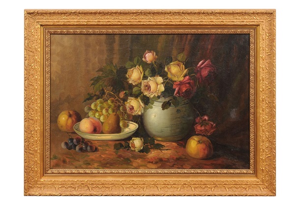 French Napoleon III 1860s Still-Life Oil Painting Depicting Roses and Fruits