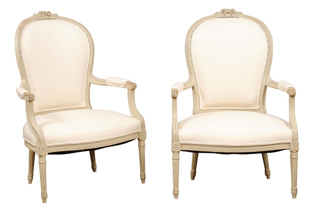 SOLD:  Pair of French Late 19th Century Louis XVI Style Armchairs with Carved Crest