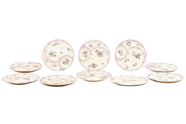 French 19th Century Sarreguemines Majolica Asparagus Plates with Pink Flowers