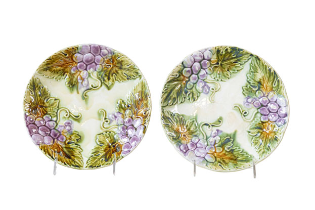 French 19th Century Majolica Grape Plates with Their Leaves, 5 Available