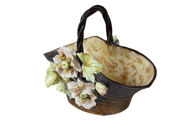 French Ecole de Fontainebleau Barbotine Jardinière Basket with Floral Décor