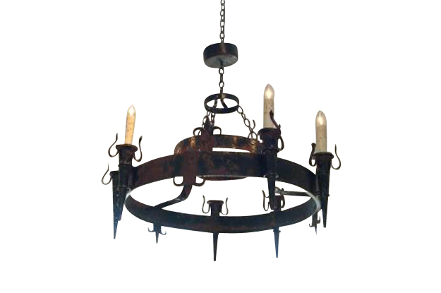 ON HOLD - French 19th Century Black Iron Chandelier with Fleur-de-lis Design 