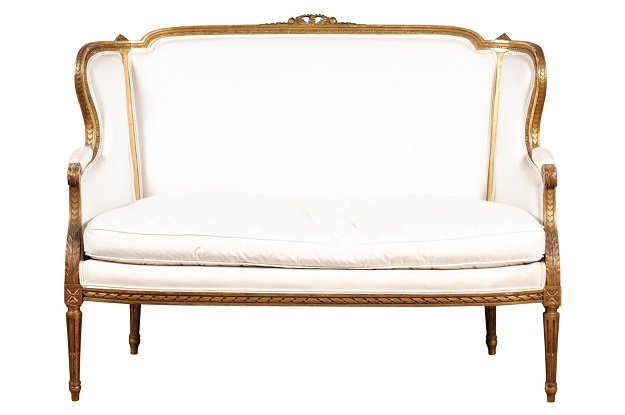 ON HOLD:  French Louis XVI Style Wingback Settee with Original Gilding and New Fabric