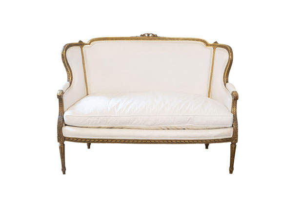 French Louis XVI Style Wingback Settee with Original Gilding and New Fabric