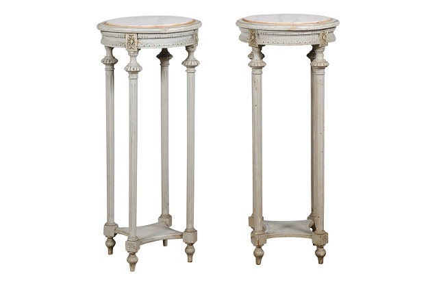 Pair of Swedish 1830s Neoclassical Painted Pedestal Stands with Carrara Marble
