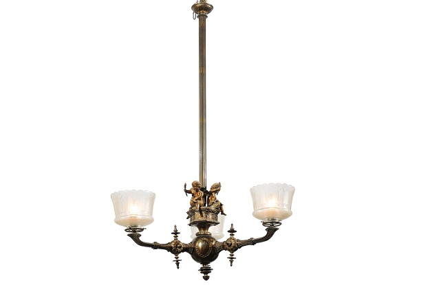 French 19th Century Three-Light Bronze and Baccarat Chandelier with Cherubs