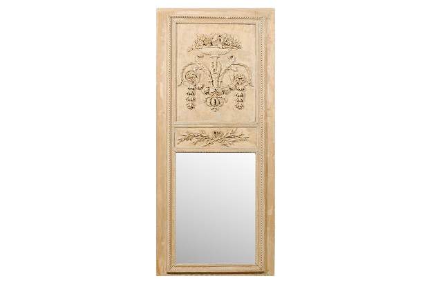 French Louis XVI Period 1790s Painted Wood Trumeau Mirror with Scrollwork Motifs