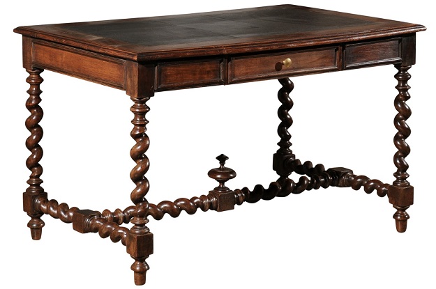 SOLD - French Louis XIII Style 1880s Walnut Desk with Leather Top and Barley Twist Base