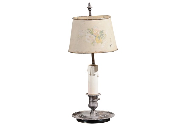 French 19th Century Wired Tôle Lamp with Original Hand Painted Floral Shade