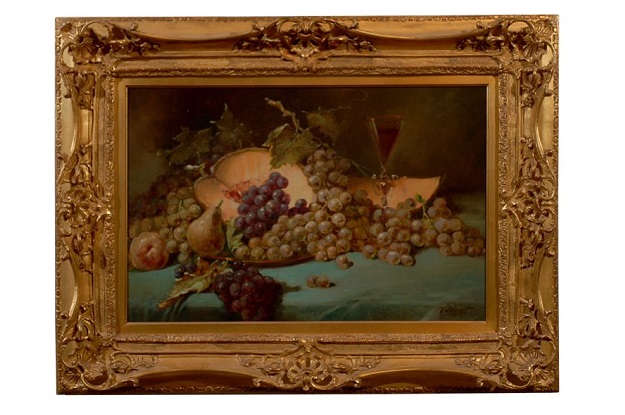 French 1870s Napoleon III Period Still-Life Painting with Giltwood Carved Frame