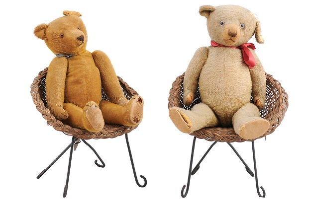 Antique American Teddy Bears with Ribbons Sitting in Wicker Chairs, Priced Each