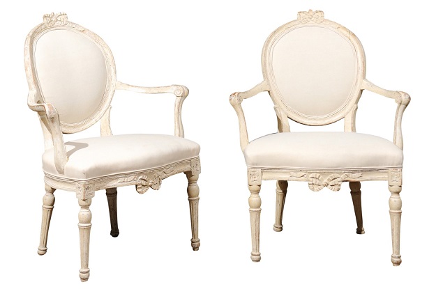 SOLD - Pair of 18th Century Danish Louis XVI Painted Wood Armchairs with New Upholstery