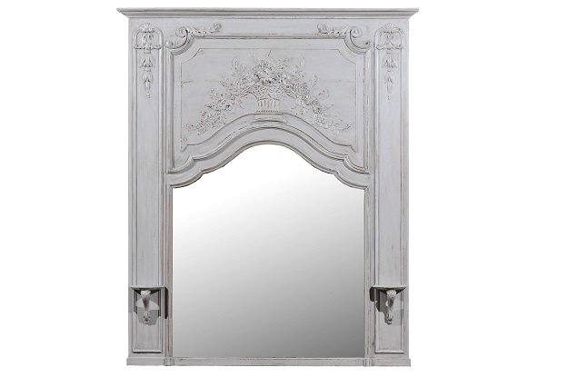 French Louis XV Style Grey Painted Trumeau Mirror with Carved Floral Decor