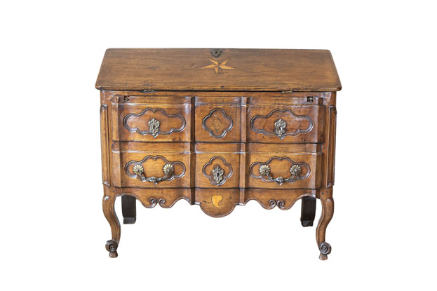 French 18th Century Walnut Slant-Front Desk on Three-Drawer Commode en Arbalète