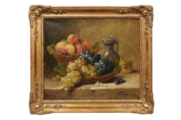 Italian 19th Century Still-Life Oil Painting Depicting Fruits, in Giltwood Frame