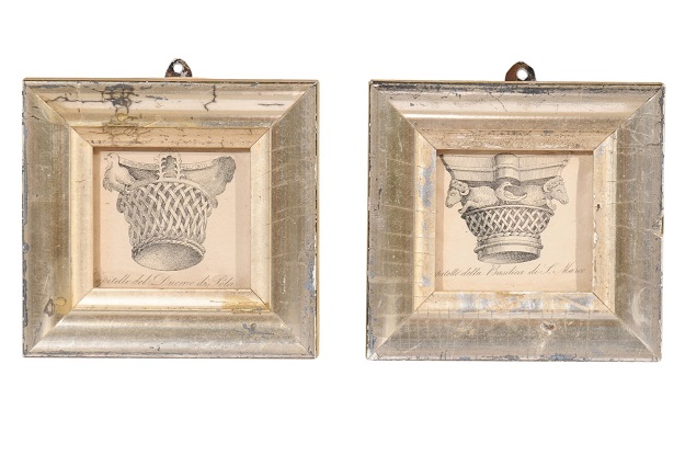A Pair of Italian 19th Century Engravings Depicting Capitals in Silver Frames