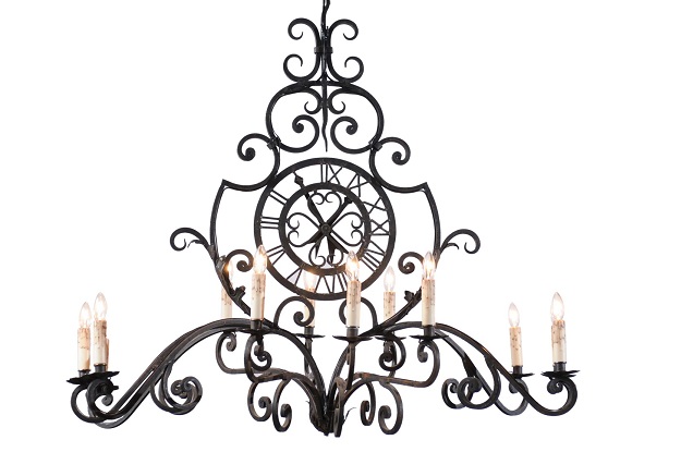 French 12-Light Wrought-Iron Chandelier with Clock Motif and Scrolling Armature