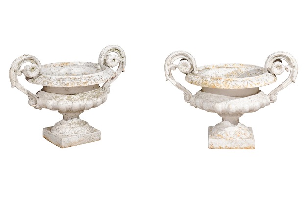 Pair of French 19th Century Cast Iron White Painted Vases with Large Volutes