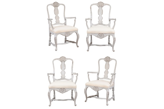 Two Pairs of Scandinavian Rococo Style Painted Armchairs