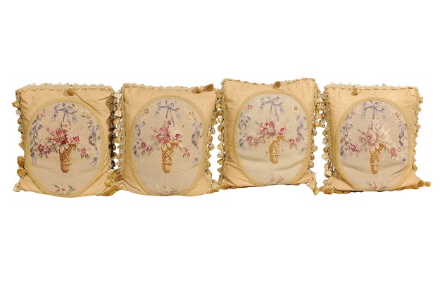 19th Century Aubusson Tapestry Pillows with Ribbon-Tied Bouquets and Tassels