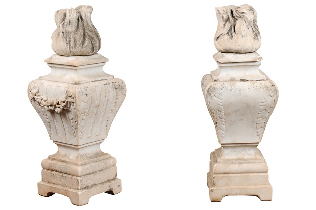 Pair of French 19th Century Hand Carved White Marble Pots À Feu with Swags