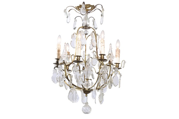 French 19th Century Six-Light Crystal Chandelier with Scrolled Brass Armature