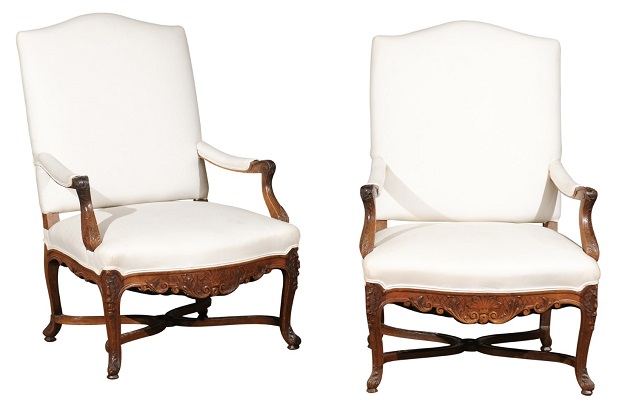 SOLD:  Pair of French Régence Style 19th Century Walnut Armchairs with Carved Foliage
