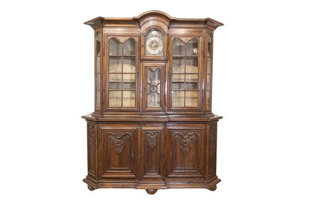 Dutch 1793s Carved Oak Buffet à Deux-Corps with Glass Doors and Pewter Clock