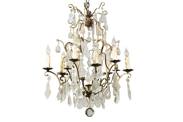 French Nine-Light Crystal Chandelier with Brass Armature and Finial, circa 1890