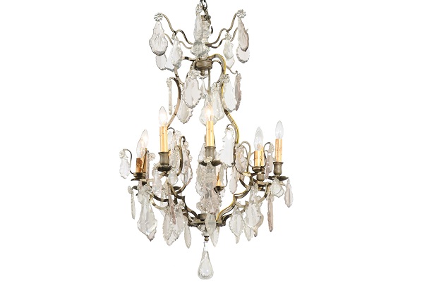 French Louis-Philippe Period 1840s Eight-Light Crystal Chandelier with Finial