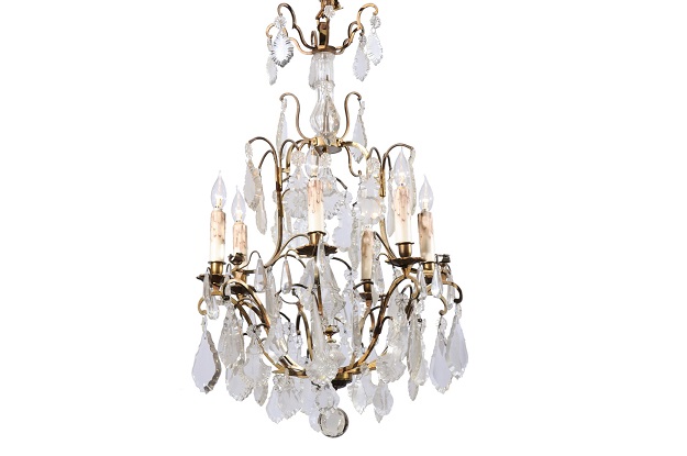 Italian Crystal and Bronze Six-Light Chandelier with Obelisk and Pendeloques