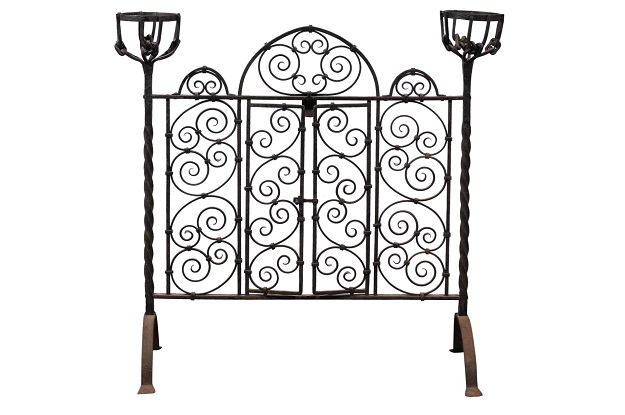 French Wrought Iron Freestanding Firescreen with Warming Holders, circa 1880