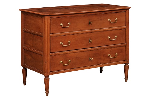 French 1790s Louis XVI Period Cherry Three-Drawer Commode with Fluted Side Posts