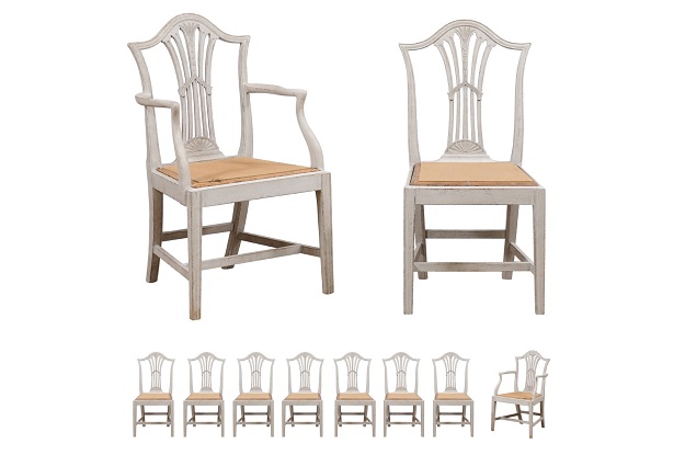 Set of 10 Swedish Painted Wheat Back Dining Chairs with Two Arms and Eight Sides