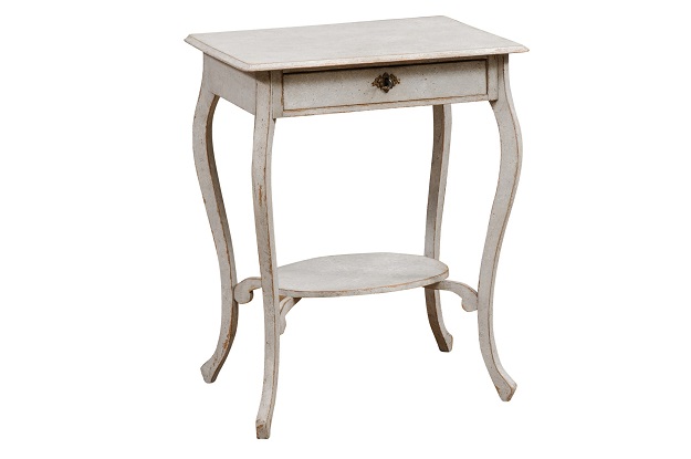 Swedish 1900s Painted Wood Lamp Table with Single Drawer and Cabriole Legs