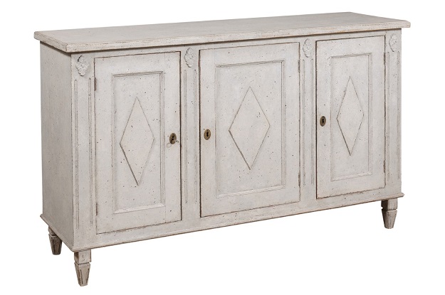 SOLD Swedish Gustavian Style 1890s Painted Sideboard with Doors and Diamond Motifs